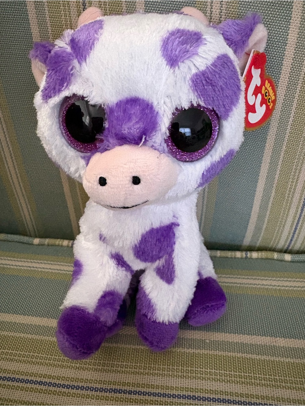 Ty Purple and White Beanie Boo Plush Cow with Sparkly Eyes